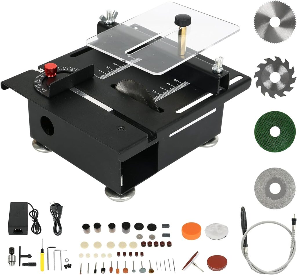 Mini Table Saw, Fepinc 100W Multifunctional Woodworking Table Saws, Height Speed Angle Adjustable, 16MM Cutting Depth with Blade Flexible Shaft and More Accessories for Wood Plastic Acrylic Cutting