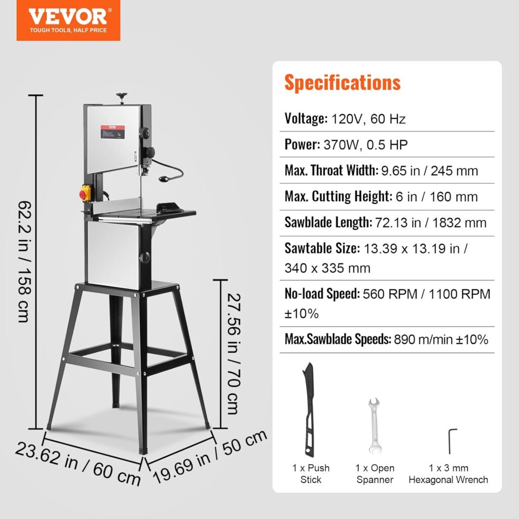 VEVOR Band Saw with Stand, 10-Inch, 560  1100 RPM Two-Speed Benchtop Bandsaw, 370W 1/2HP Motor with Metal Stand Optimized Work Light Workbench Fence and Miter Gauge, for Woodworking Aluminum Plastic