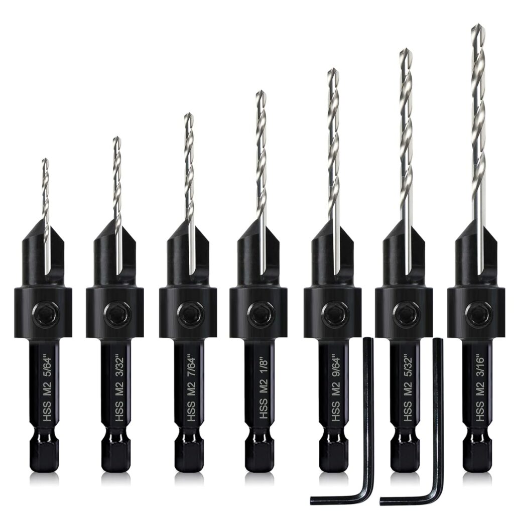 3-pc Countersink Drill Bit Set #10#12#16, 3in1 Woodworking Counterbore Hole Saw Drill Bits, Depth Adjustable M2 Pilot Drill Bits, 82-Degree Chamfer, 1/4” Hex Shank, with 1 Allen Wrench